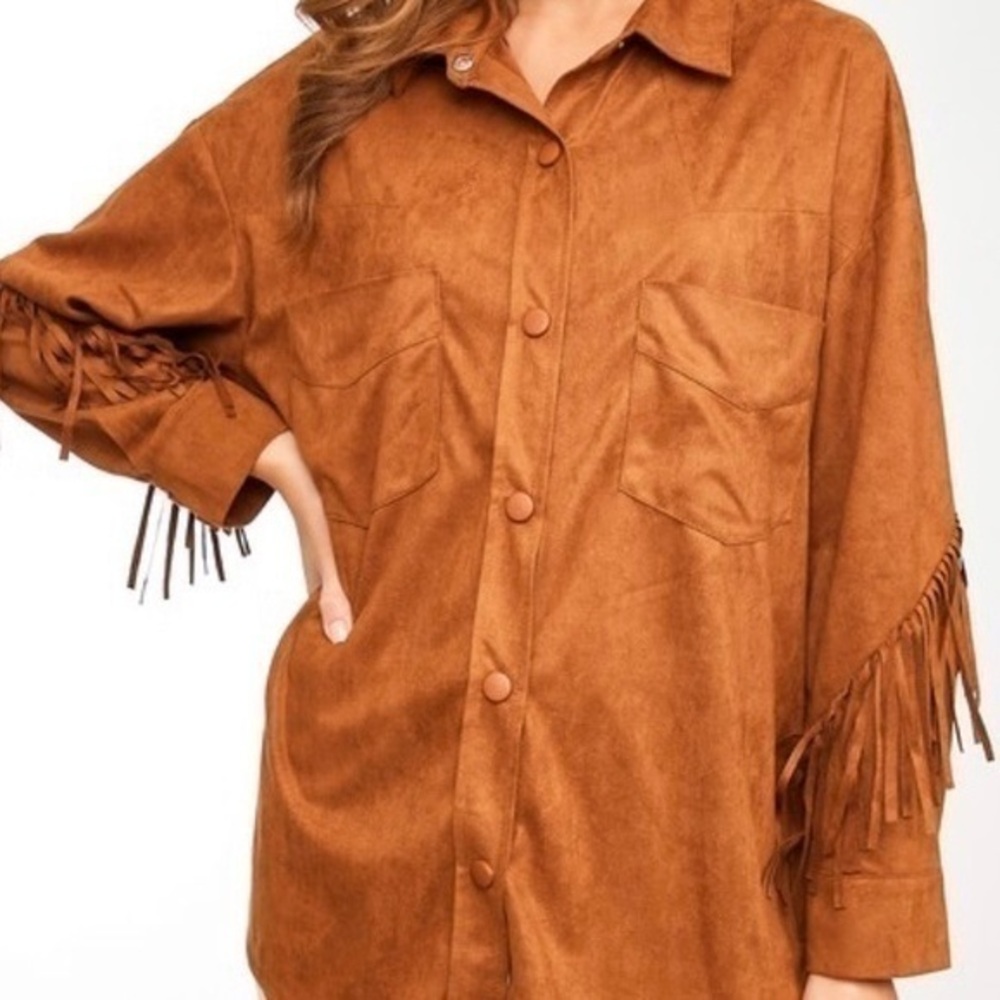 LLove Faux Suede Fringe Detail Top in Camel
